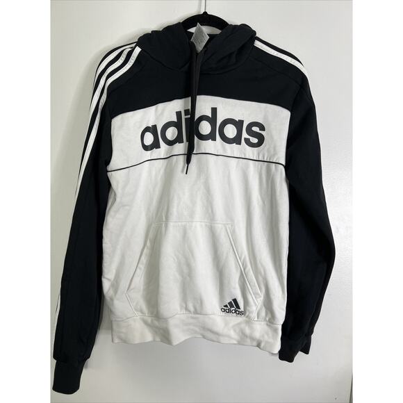 Adidas Men’s Small Essentially Hoodie Spell Out Black White Stripes - Picture 1 of 5